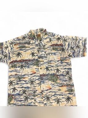 Pineapple Connection Hawaiian shirt with palm trees, sailboats, and tropical